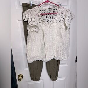 White Eyelet Top and Olive Pants Set